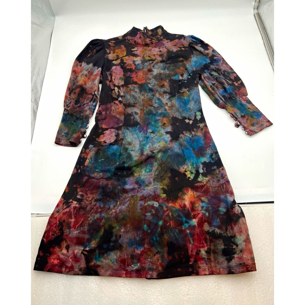 Zapelle Boho Moody Ice Dye Mock Neck Dress Long Bishop Sleeve Jewel Tone Mini S
